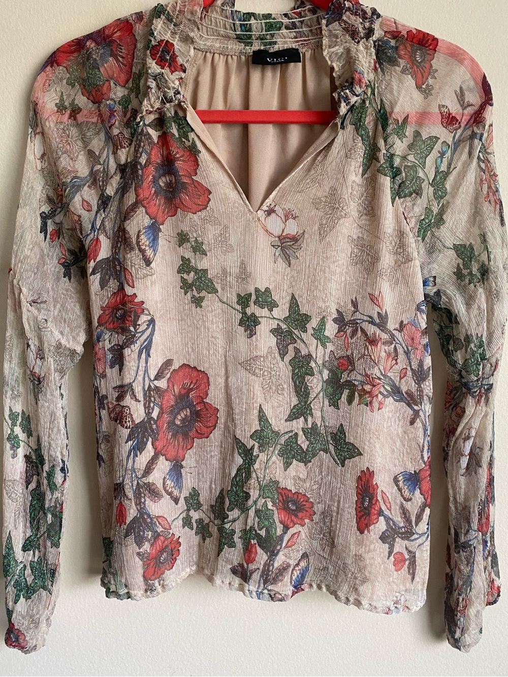 VICI 100% Silk Sheer Floral Blouse Small Ruffle V-Neck Boho Romantic